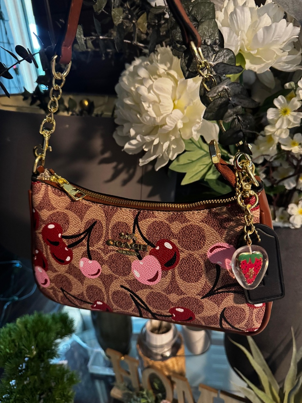 Coach Cherry Print Mini Shoulder Bag - Brown/Red/Pink